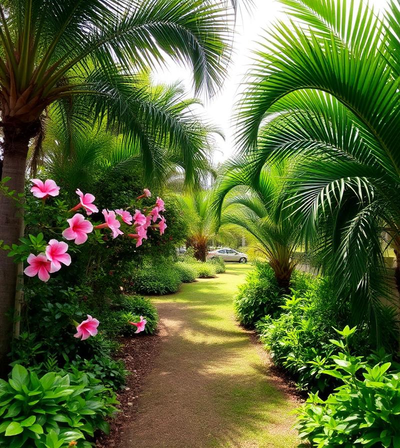 Tropical garden path with hibiscus