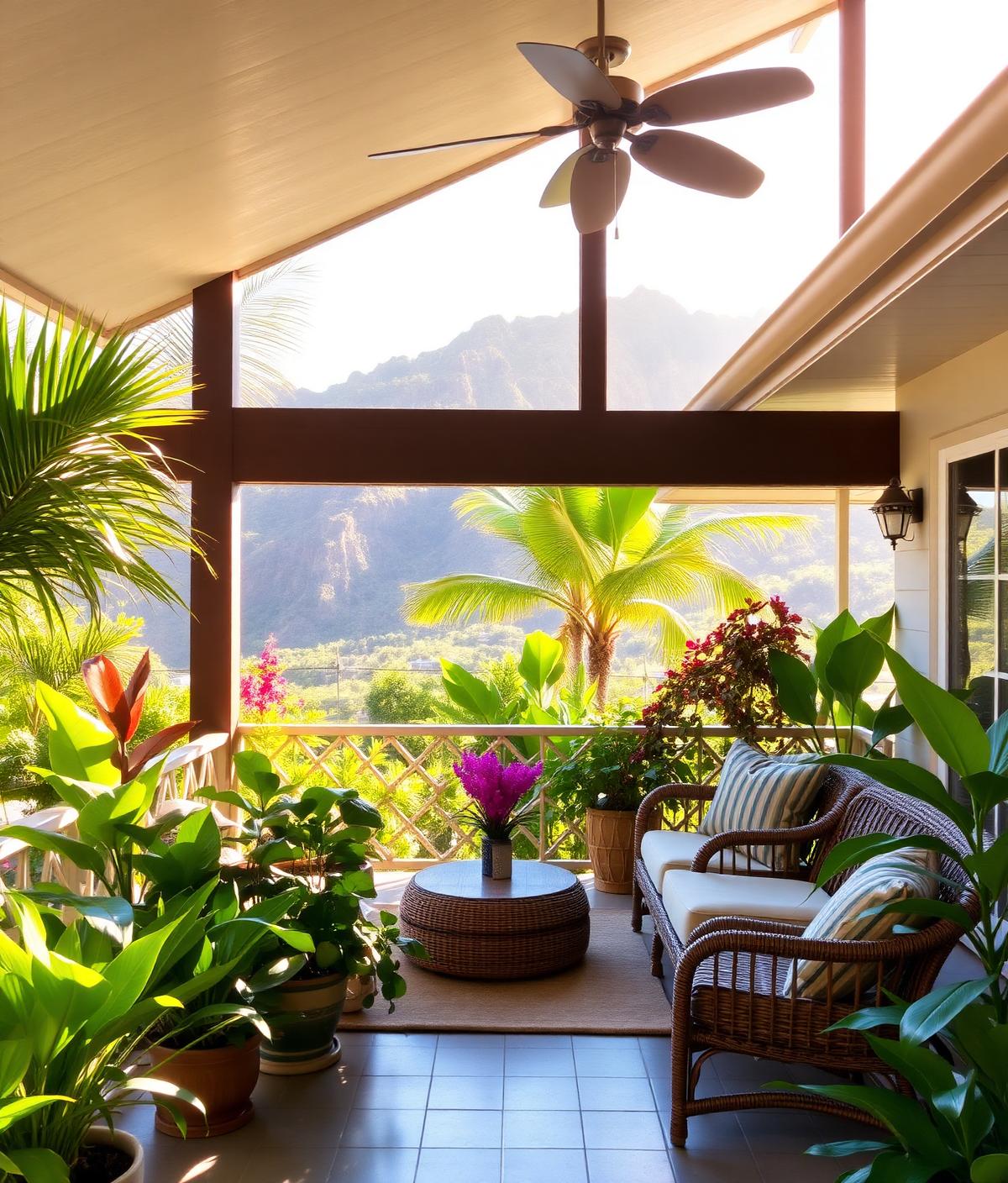 The lanai at Rose Homecare Living with tropical plants and Oahu mountain backdrop